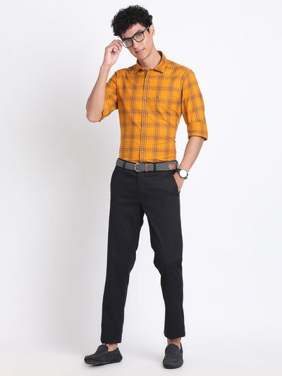100% Cotton Mustard Yellow Checkered Slim Fit Full Sleeve Casual Shirt