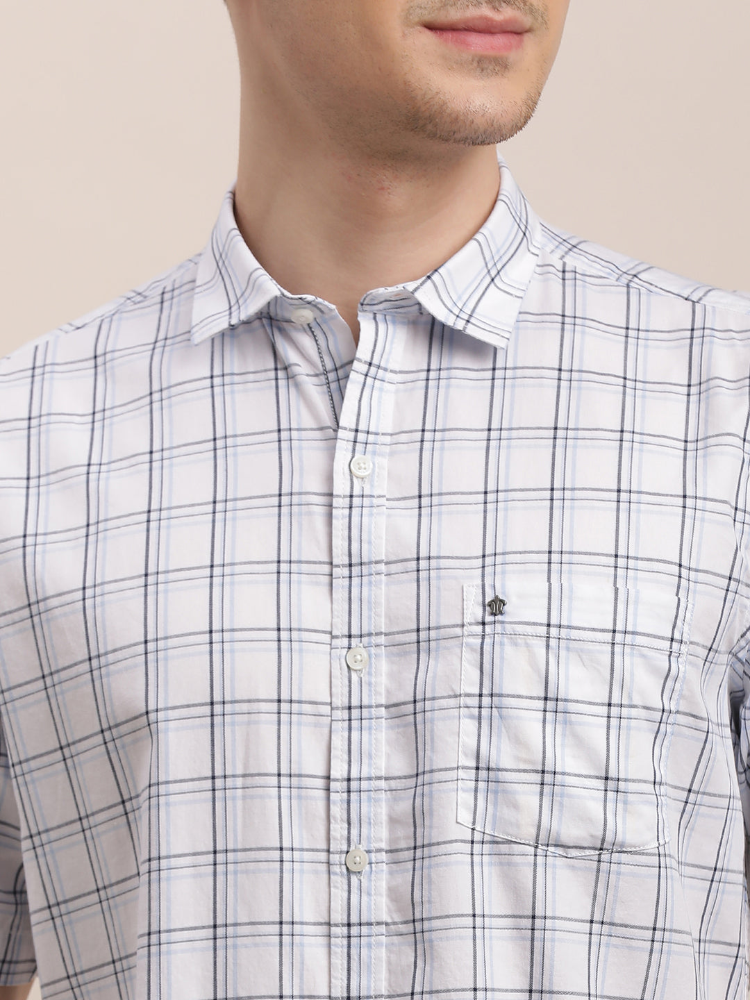 100% Cotton White Checkered Slim Fit Half Sleeve Casual Shirt