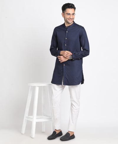 100% Cotton Navy Blue Jacquard Kurta Full Sleeve Ceremonial Shirt
