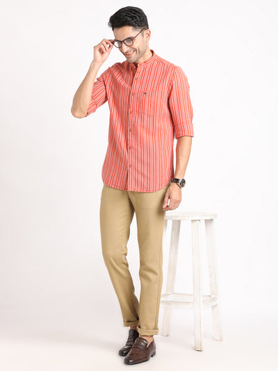 Cotton Linen Orange Striped Slim Fit Full Sleeve Casual Shirt