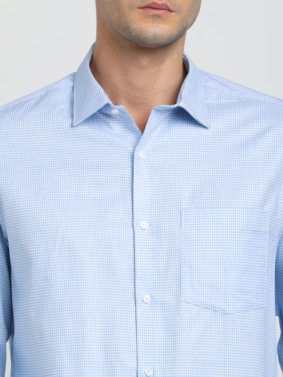 100% Cotton Sky Blue Checkered Slim Fit Full Sleeve Formal Shirt