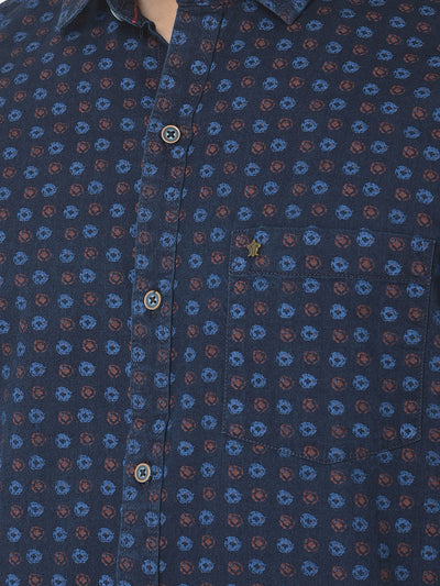 100% Cotton Indigo Navy Blue Printed Slim Fit Full Sleeve Casual Shirt