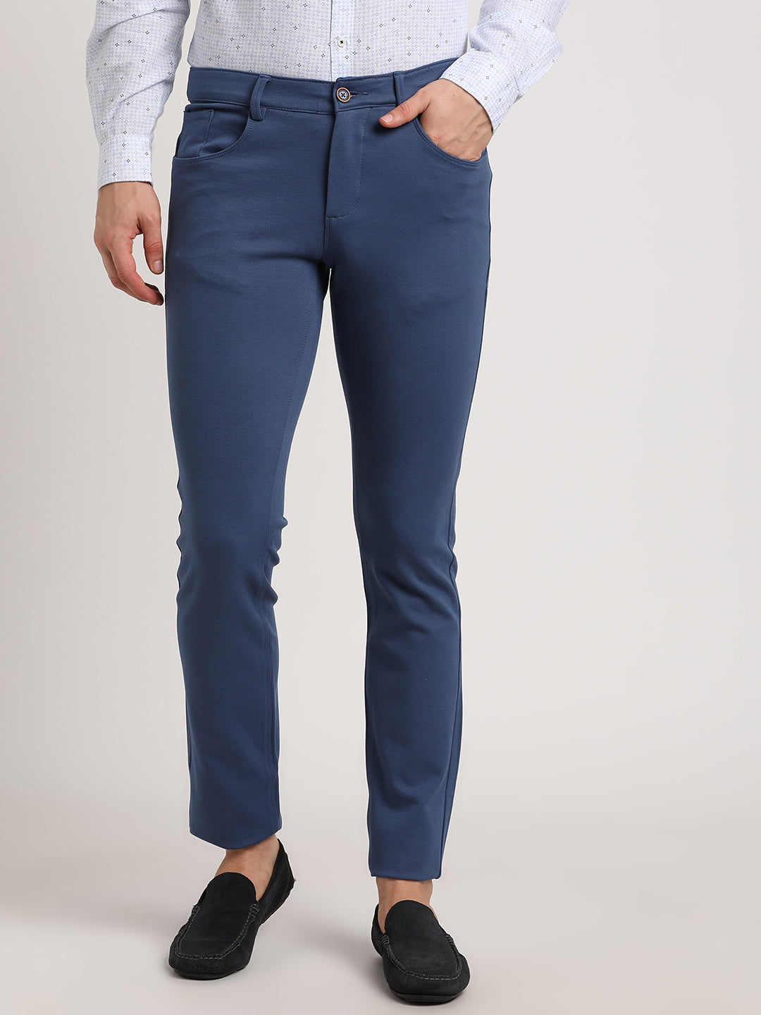 Cotton Blue Plain Narrow Fit Flat Front Casual Trouser