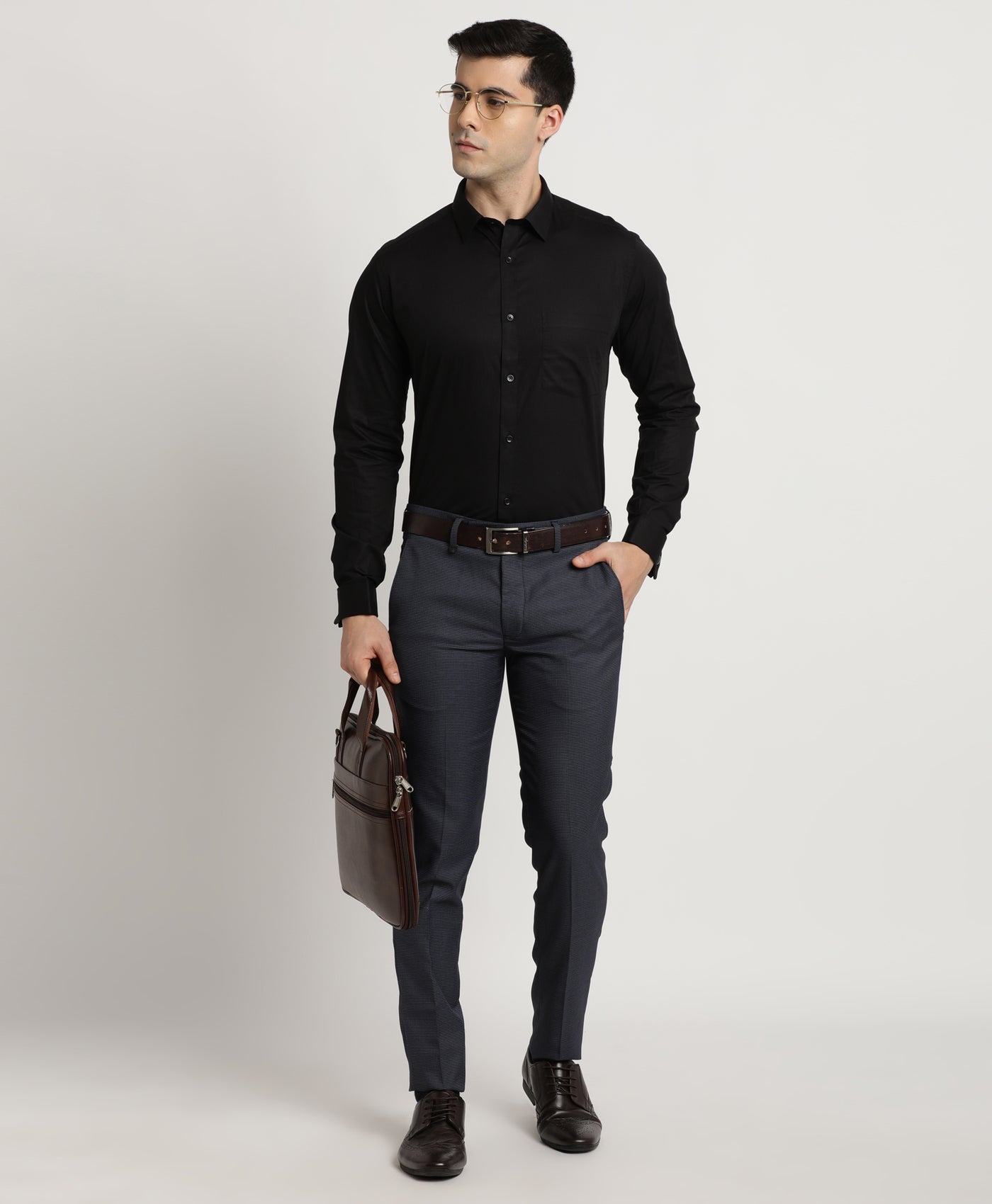 100% Cotton Black Plain Regular Fit Double Cuff Formal Shirt