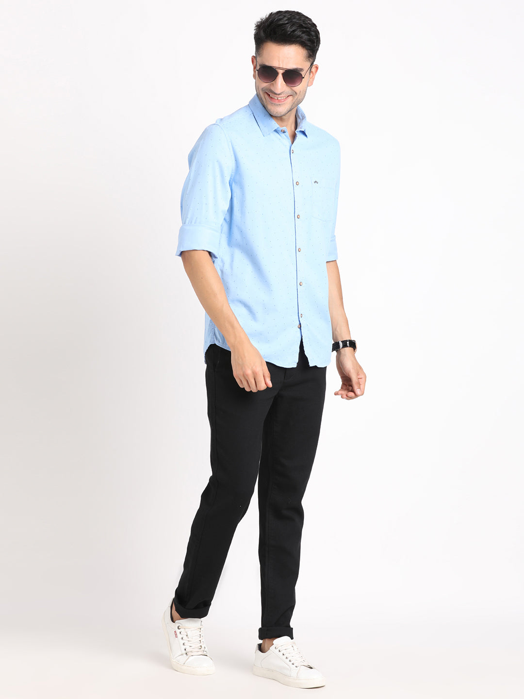 Cotton Tencel Sky Blue Printed Slim Fit Full Sleeve Casual Shirt