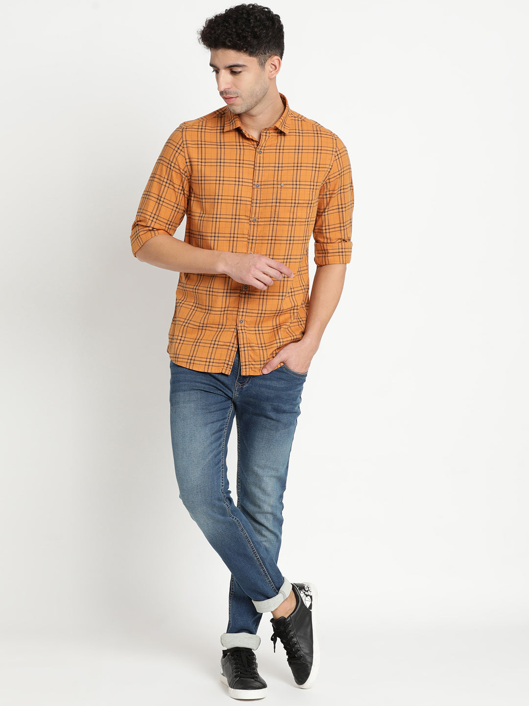 100% Cotton Orange Checkered Slim Fit Full Sleeve Casual Shirt