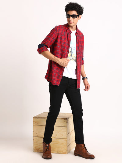 Cotton Lyocell Maroon Checkered Slim Fit Full Sleeve Casual Shirt