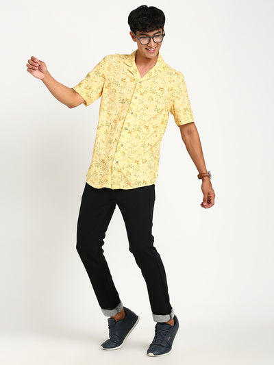 Cotton Yellow Printed Slim Fit Half Sleeve Casual Shirt