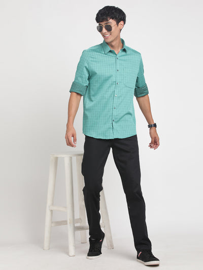 100% Cotton Green Checkered Slim Fit Full Sleeve Formal Shirt