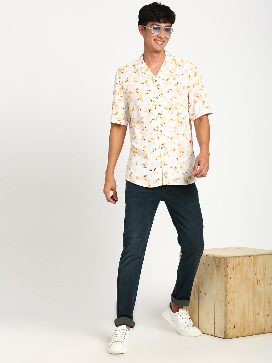 Cotton White Printed Slim Fit Half Sleeve Casual Shirt