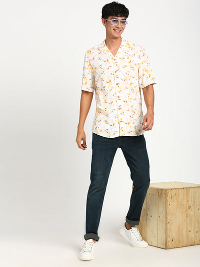 Cotton White Printed Slim Fit Half Sleeve Casual Shirt