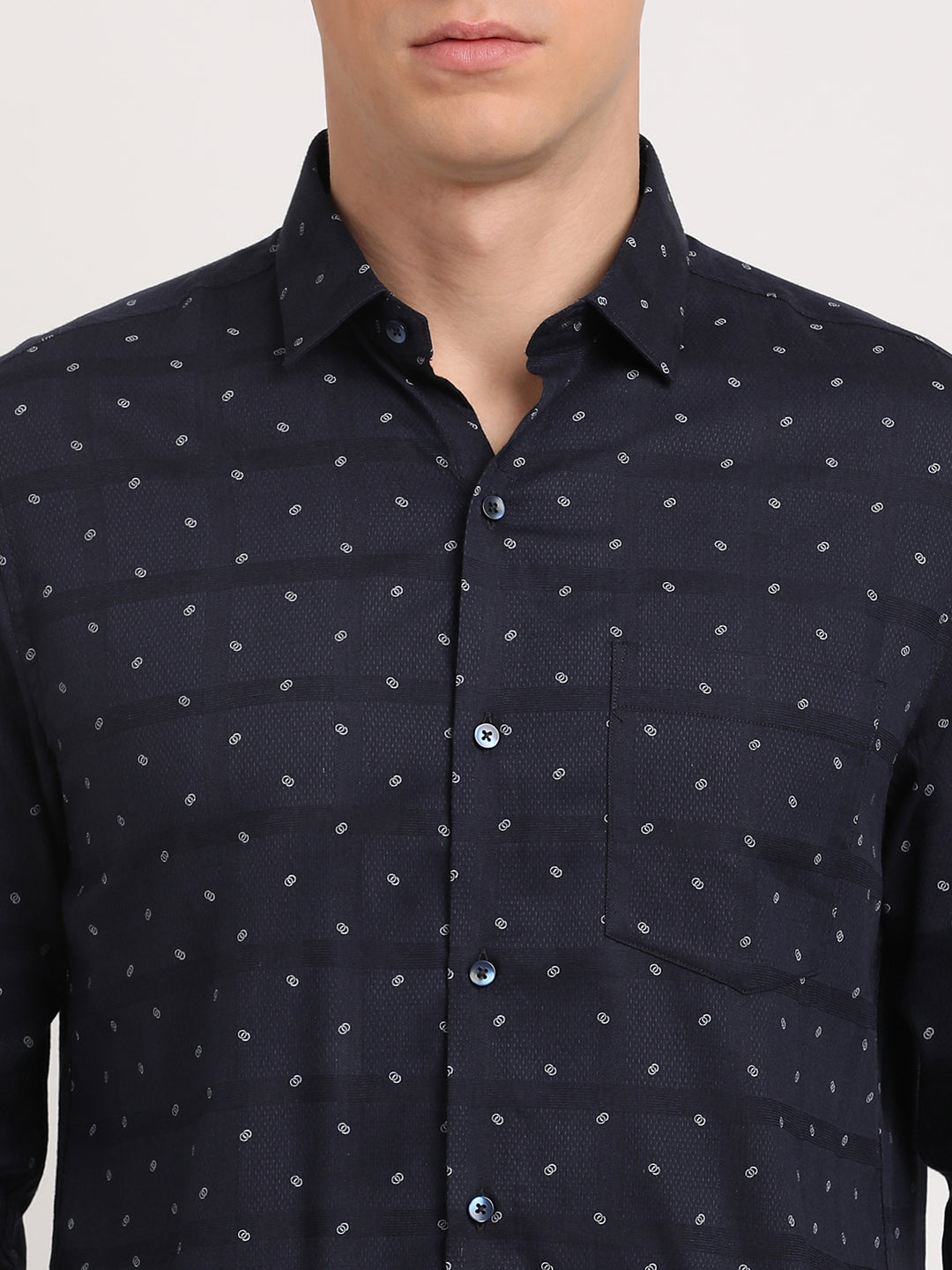 Cotton Tencel Navy Blue Printed Slim Fit Full Sleeve Formal Shirt