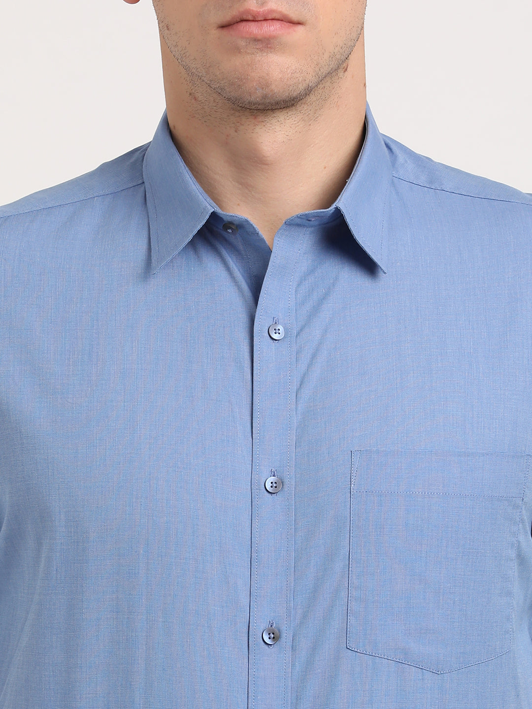 100% Cotton Blue Plain Regular Fit Half Sleeve Formal Shirt