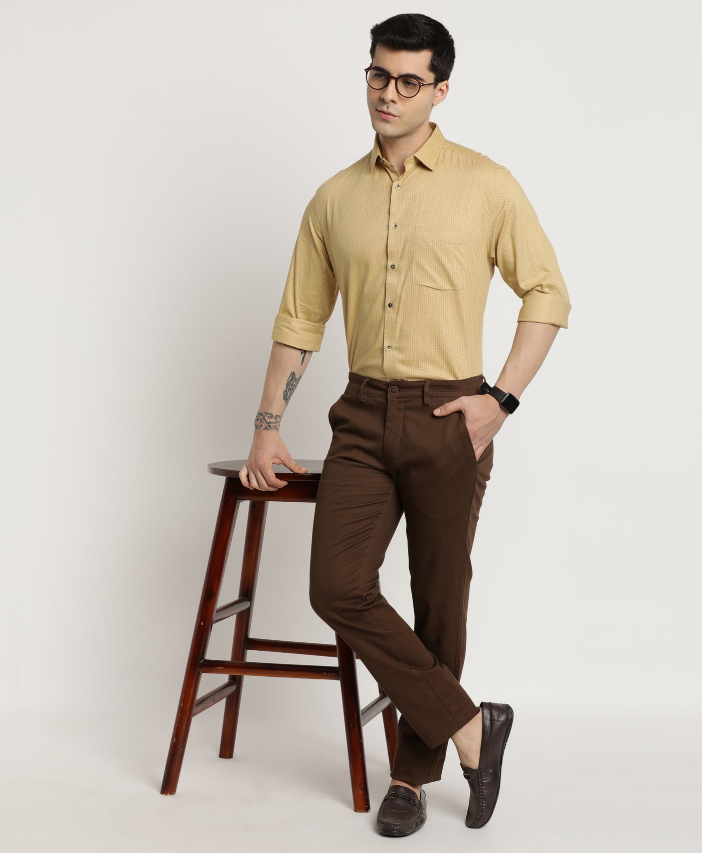 Cotton Stretch Brown Dobby Ultra Slim Fit Flat Front Casual Trouser