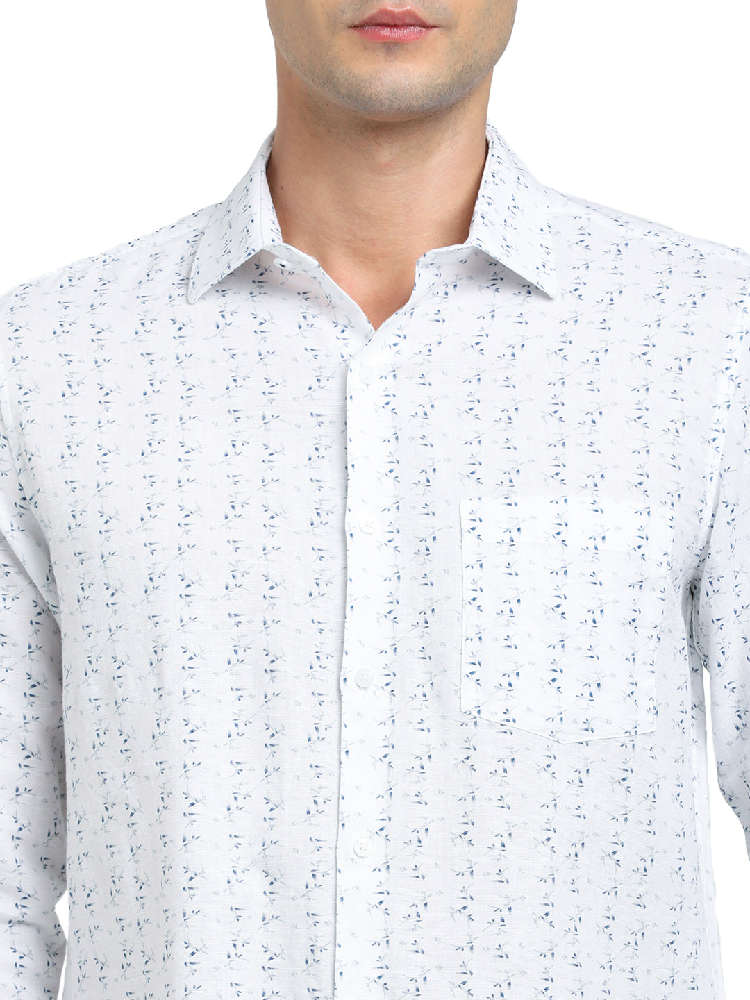 Cotton Linen White Printed Slim Fit Full Sleeve Formal Shirt