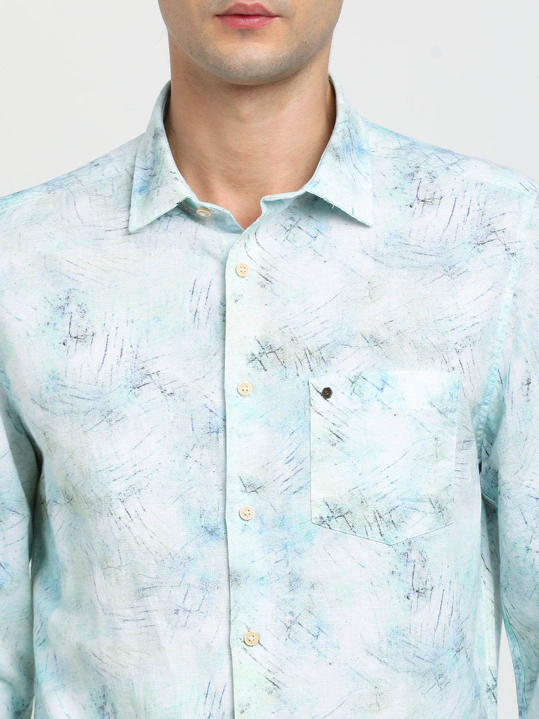 Cotton Linen Sky Blue Printed Slim Fit Full Sleeve Casual Shirt