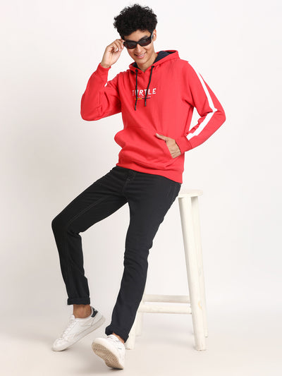 Cotton Stretch Red Plain Regular Fit Full Sleeve Casual Hooded Sweatshirt