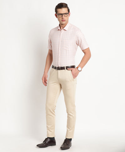 100% Cotton Peach Checkered Regular Fit Half Sleeve Formal Shirt