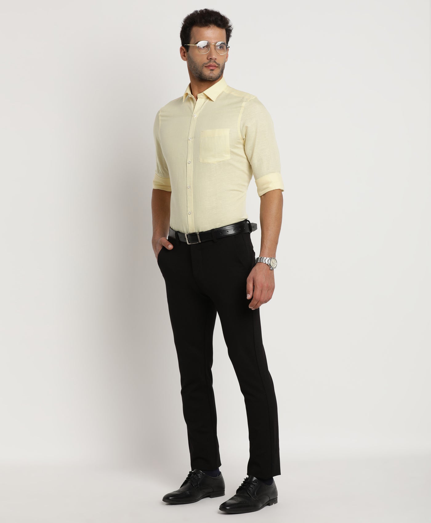 Cotton Linen Yellow Plain Regular Fit Full Sleeve Formal Shirt