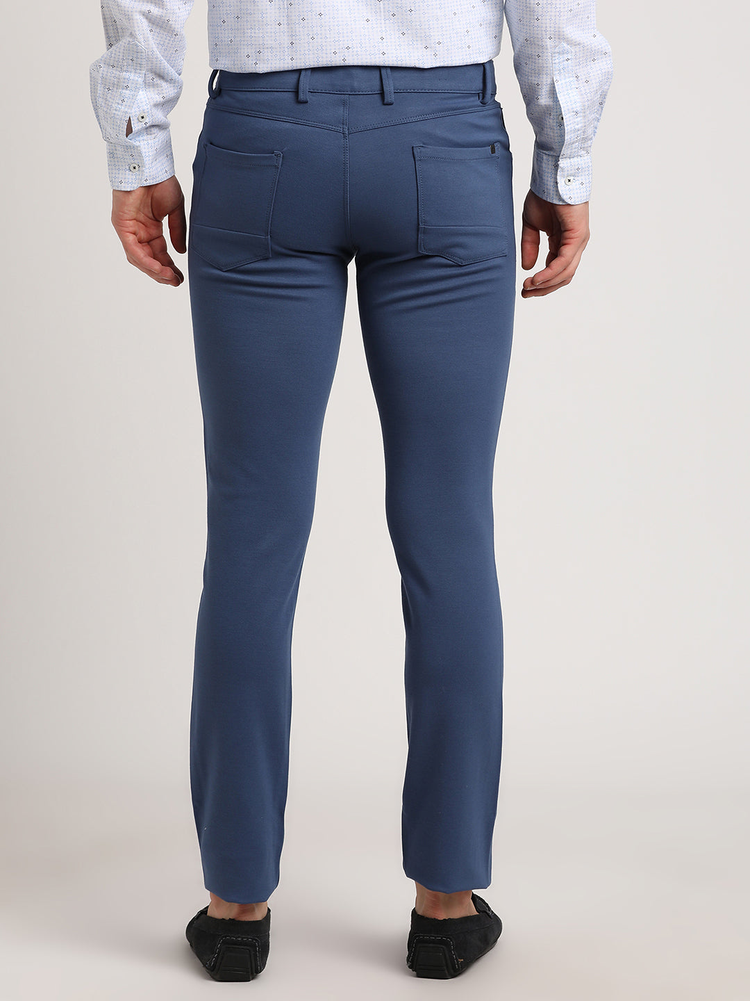 Cotton Blue Plain Narrow Fit Flat Front Casual Trouser