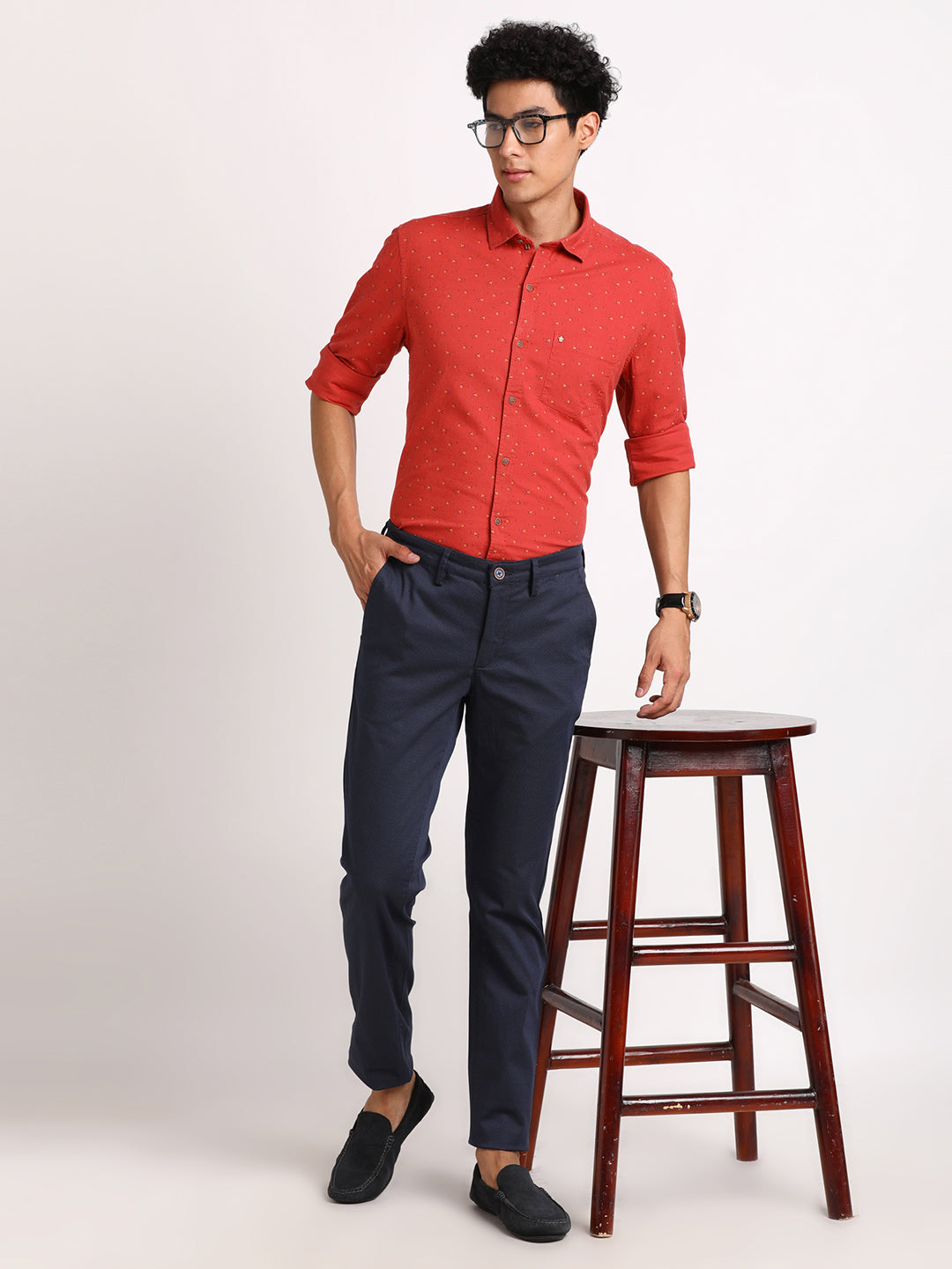 Cotton Linen Rust Printed Slim Fit Full Sleeve Casual Shirt