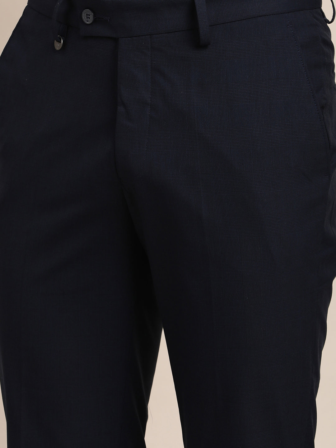 Poly Viscose Navy Checkered Slim Fit Flat Front Formal Trouser