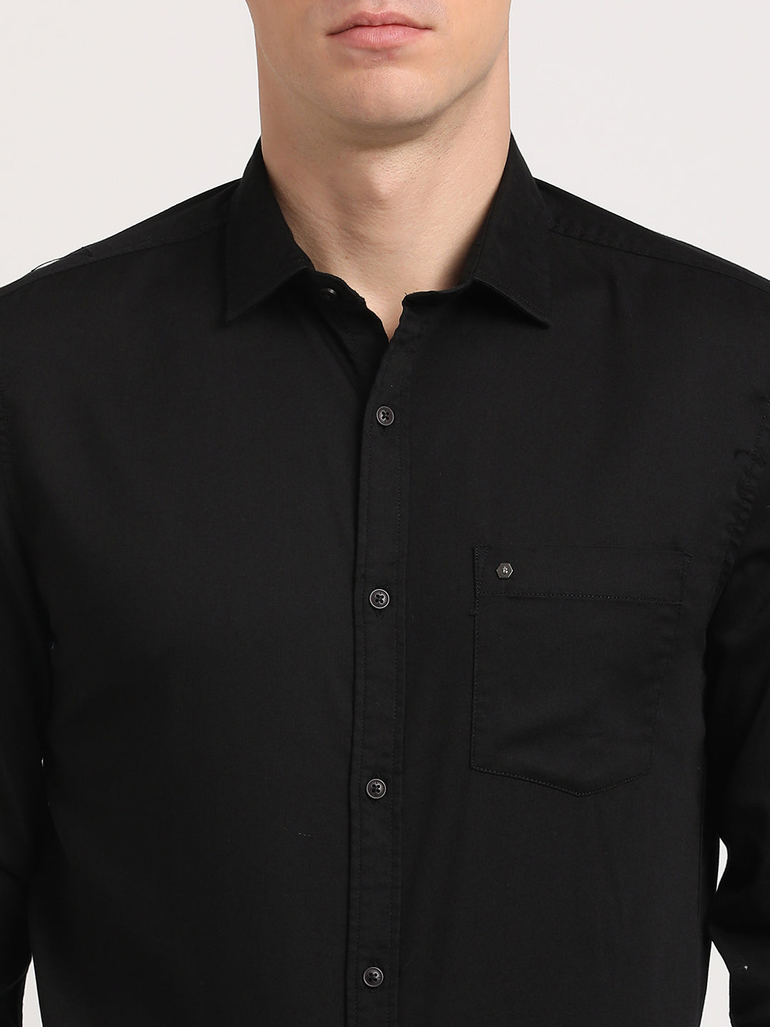 Cotton Stretch Black Plain Slim Fit Full Sleeve Casual Shirt