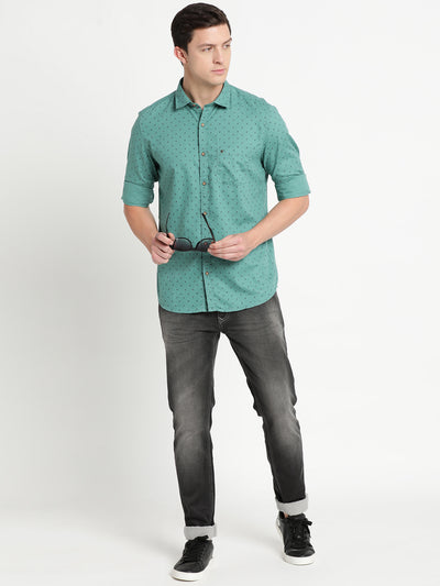 100% Cotton Teal Printed Slim Fit Full Sleeve Casual Shirt