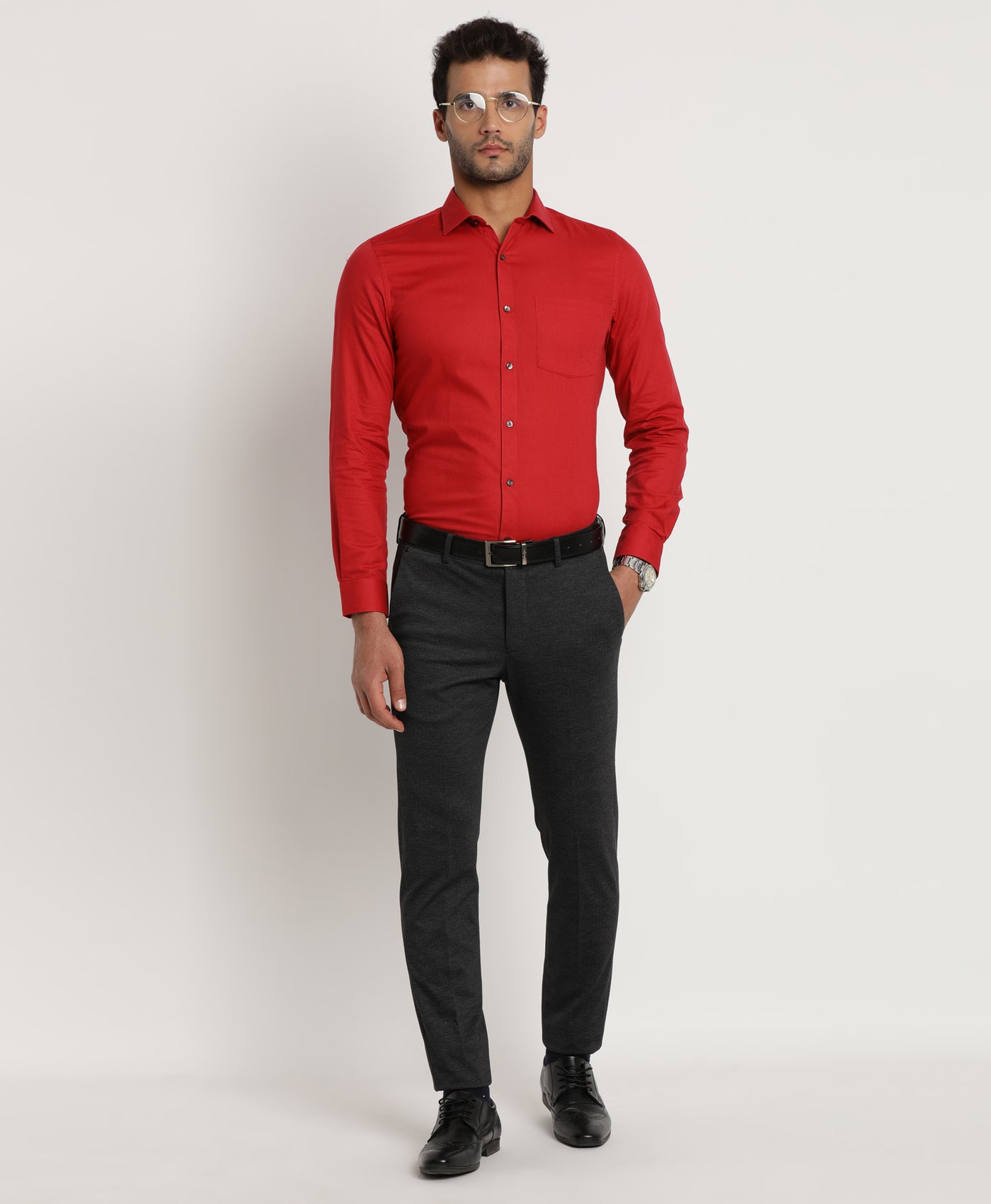 100% Cotton Red Dobby Slim Fit Full Sleeve Formal Shirt