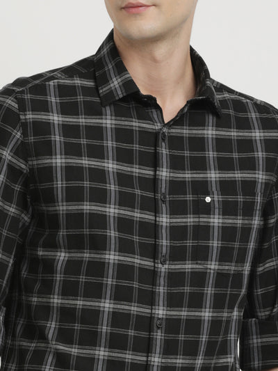 Cotton Melange Black Checkered Slim Fit Full Sleeve Casual Shirt