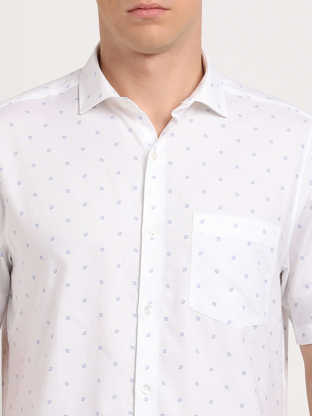 100% Cotton White Printed Slim Fit Half Sleeve Formal Shirt