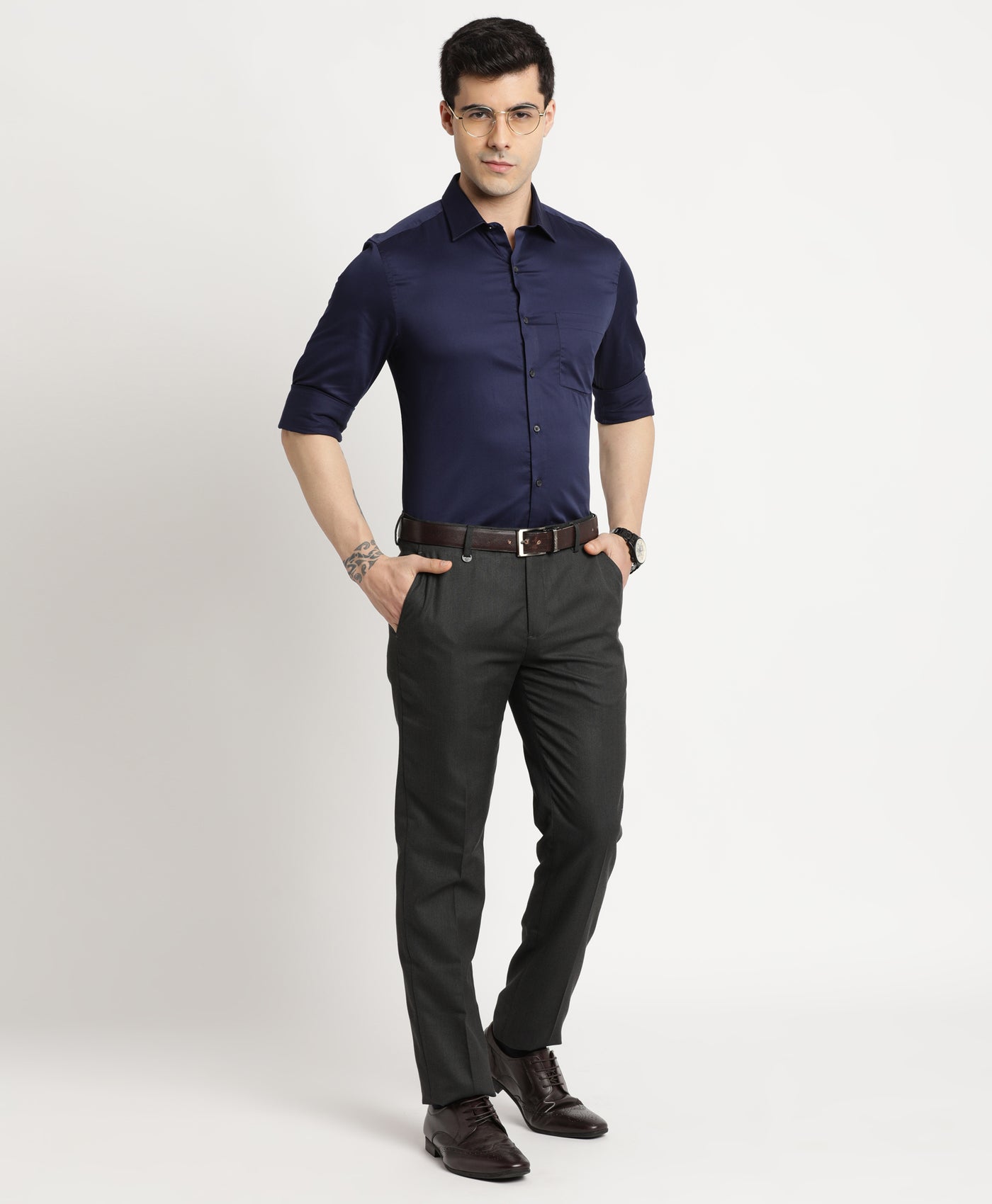 100% Cotton Navy Blue Plain Slim Fit Full Sleeve Formal Shirt