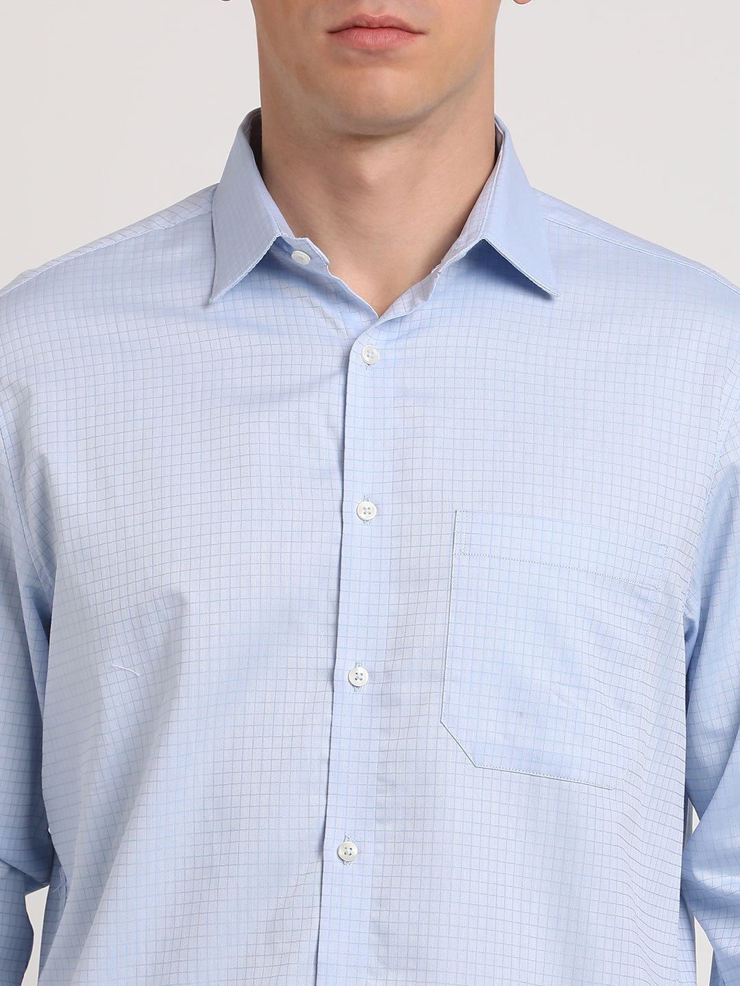 Giza Cotton Light Blue Checkered Regular Fit Full Sleeve Formal Shirt