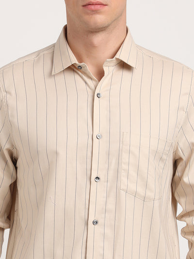 100% Cotton Beige Striped Slim Fit Full Sleeve Formal Shirt