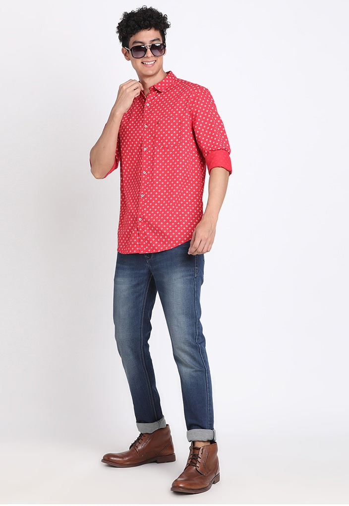 100% Cotton Red Printed Slim Fit Full Sleeve Casual Shirt