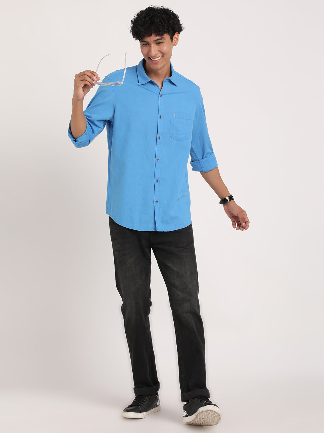 Cotton Linen Blue Plain Slim Fit Full Sleeve Casual Shirt