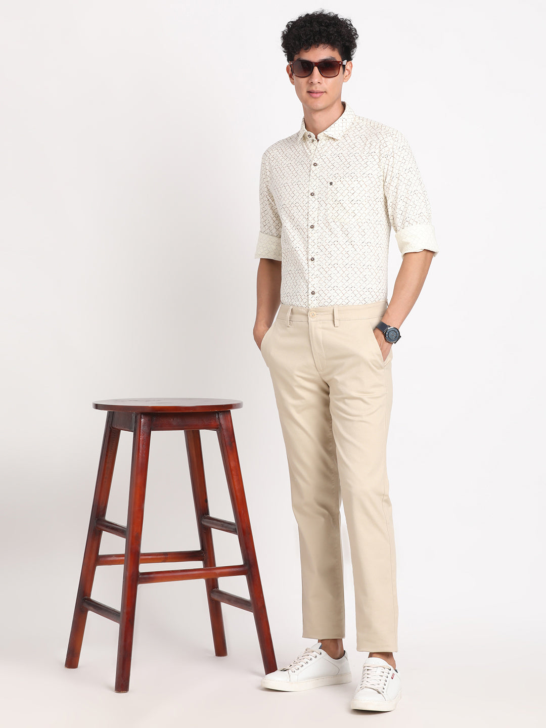 Cotton Stretch Beige Dobby Ultra Slim Fit Flat Front Casual Trouser