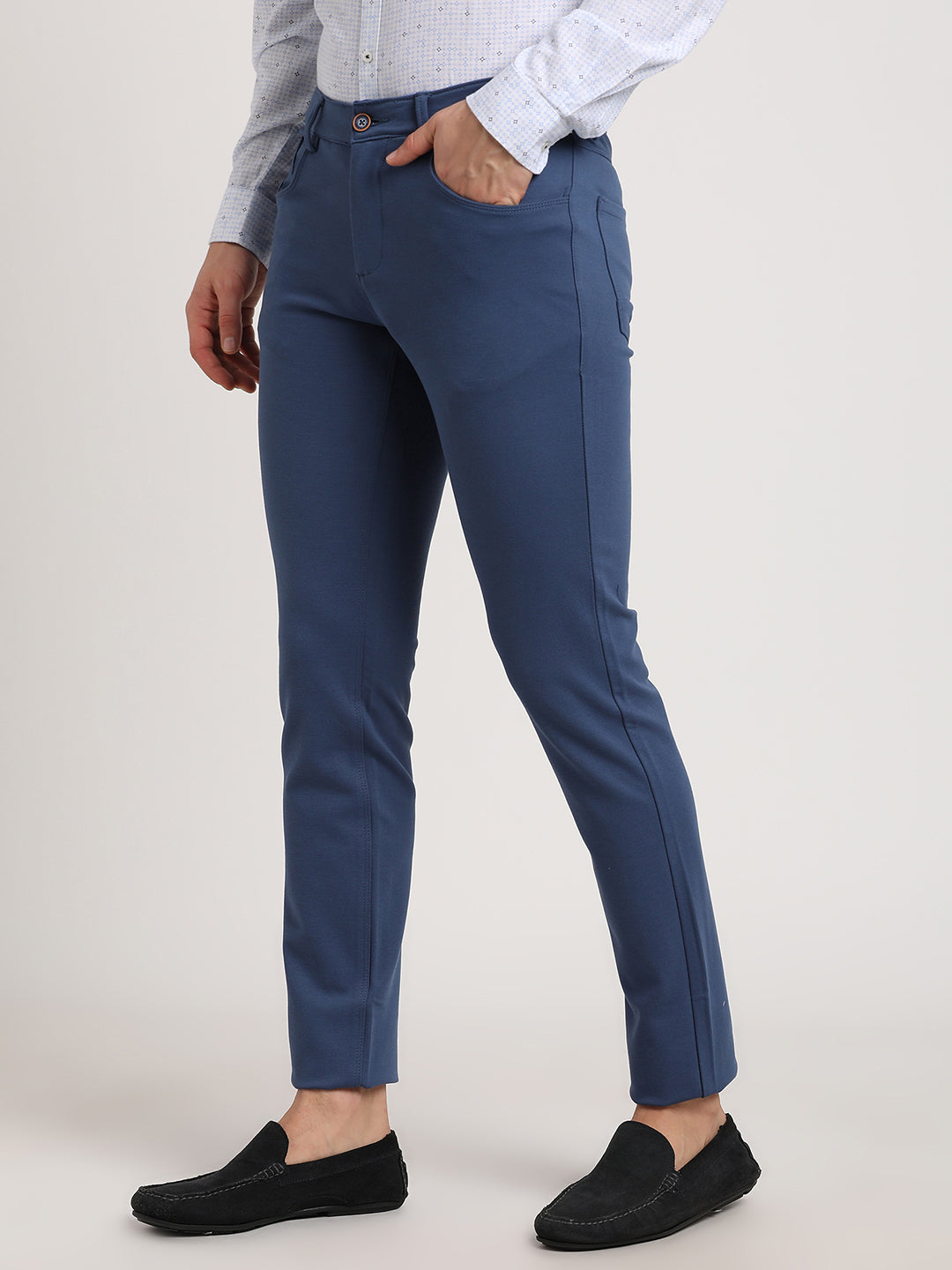 Cotton Blue Plain Narrow Fit Flat Front Casual Trouser