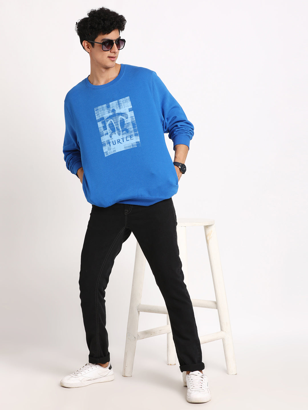 Cotton Stretch Royal Blue Plain Regular Fit Full Sleeve Casual Sweatshirt