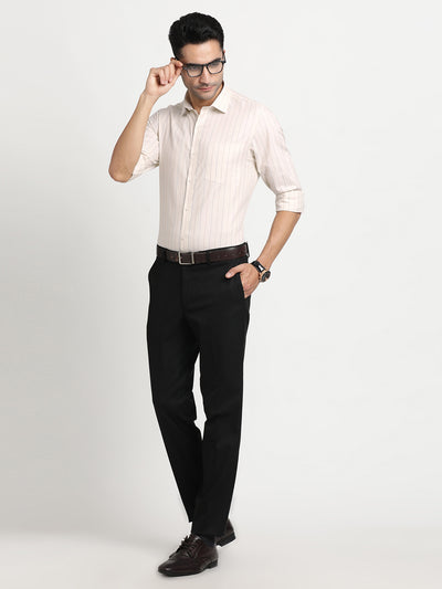 100% Cotton Beige Striped Slim Fit Full Sleeve Formal Shirt