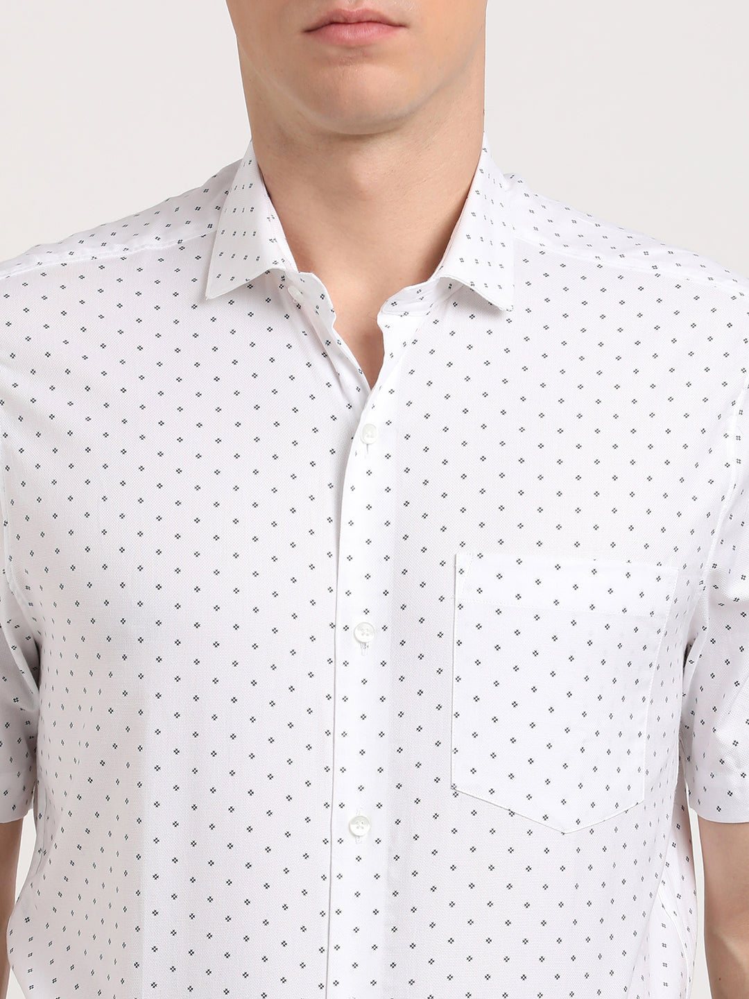 100% Cotton White Printed Slim Fit Half Sleeve Formal Shirt