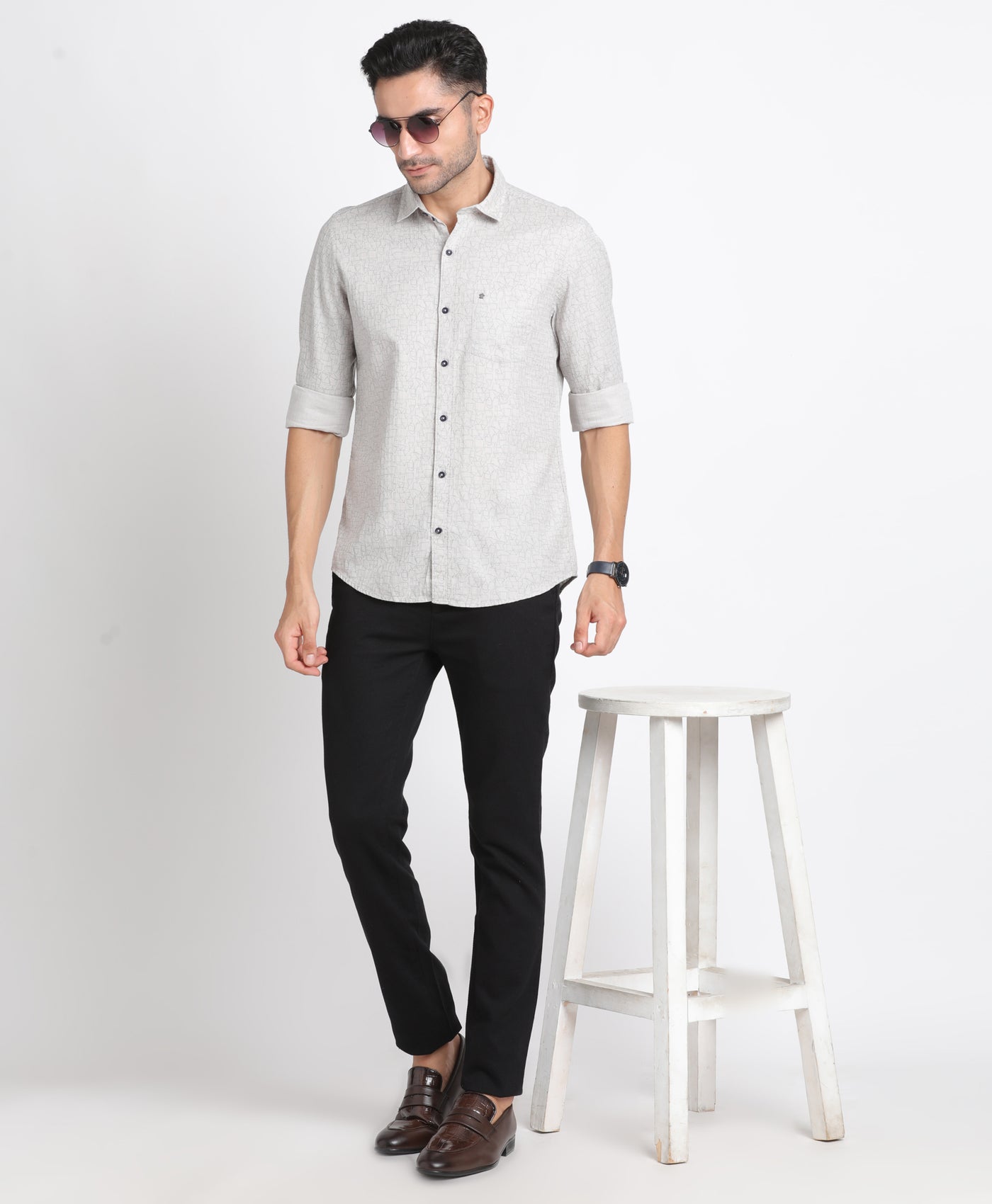 100% Cotton Grey Printed Slim Fit Full Sleeve Casual Shirt