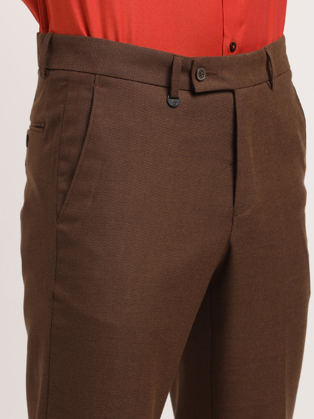 Poly Viscose Brown Dobby Ultra Slim Fit Flat Front Formal Trouser