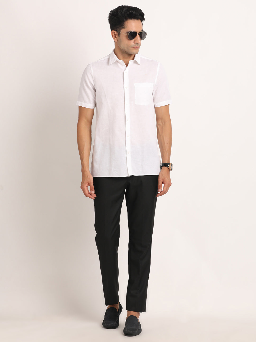 Cotton Linen White Plain Half Sleeve Formal Shirt