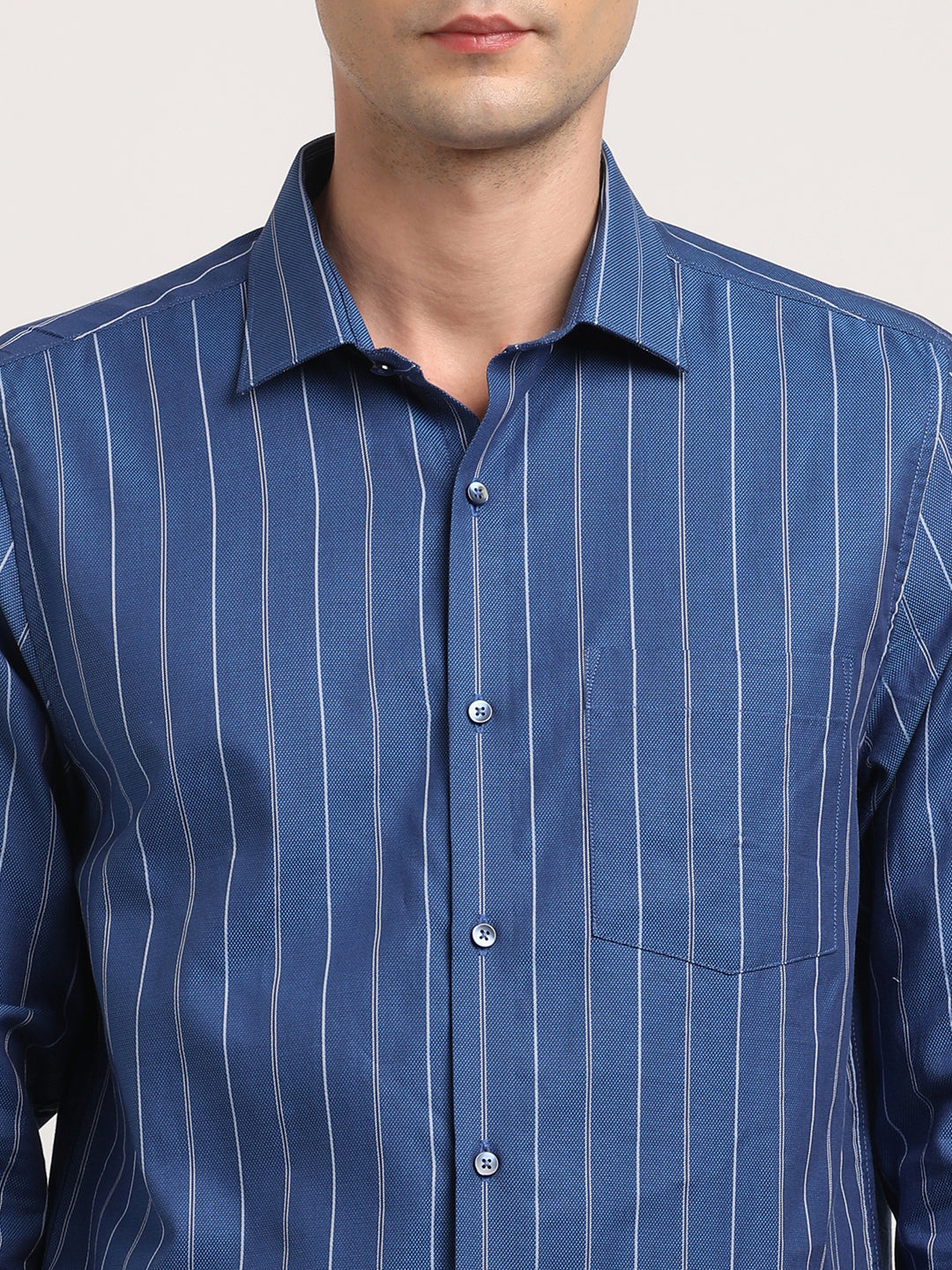 100% Cotton Blue Striped Slim Fit Full Sleeve Formal Shirt