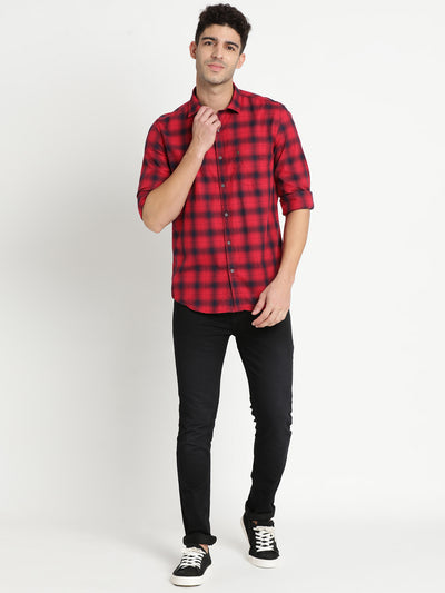 100% Cotton Red Checkered Slim Fit Full Sleeve Casual Shirt