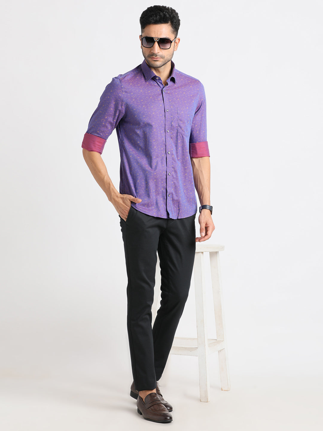 100% Cotton Purple Printed Slim Fit Full Sleeve Ceremonial Shirt