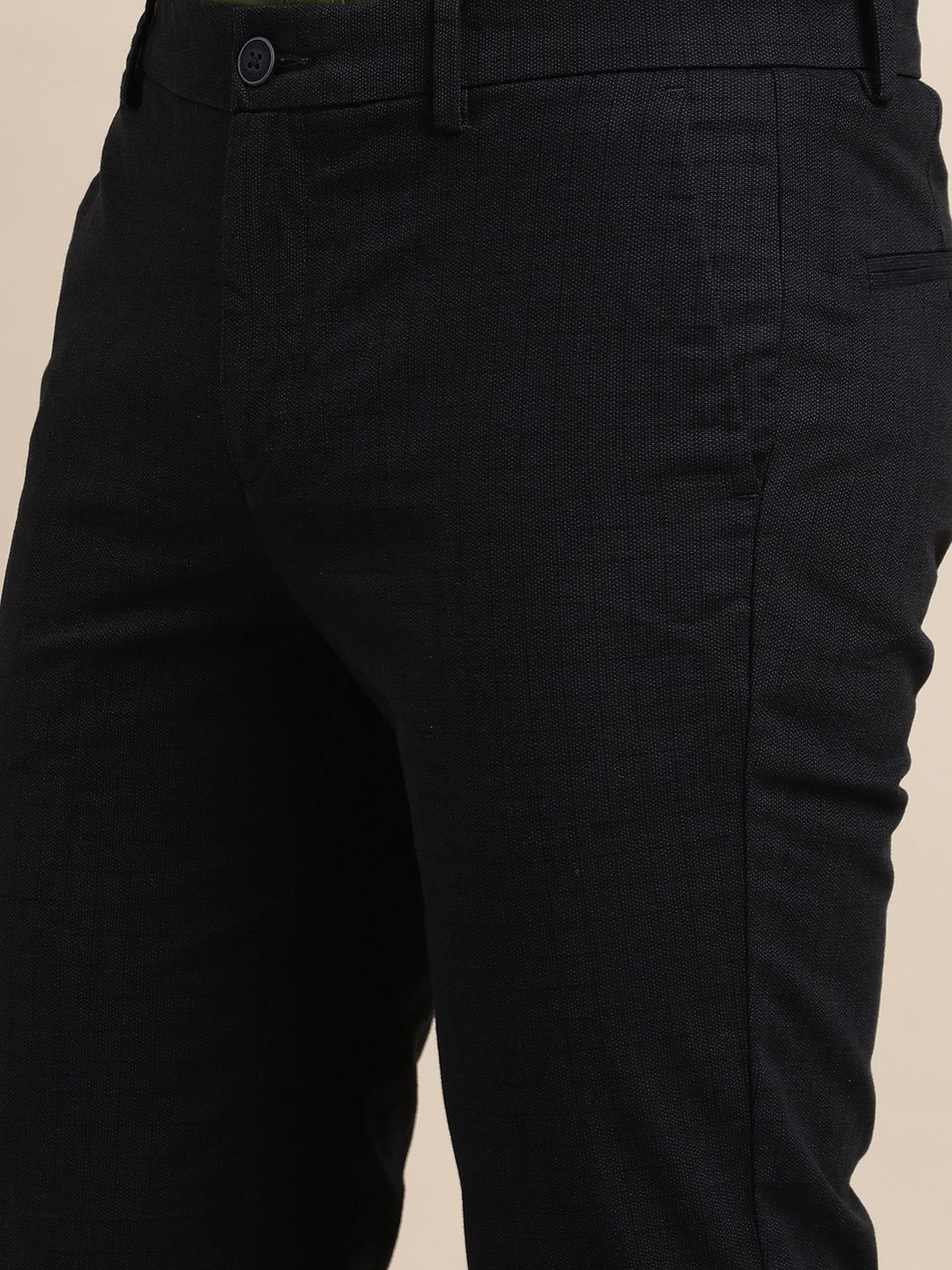 Cotton Stretch Black Checkered Ultra Slim Fit Flat Front Casual Trouser