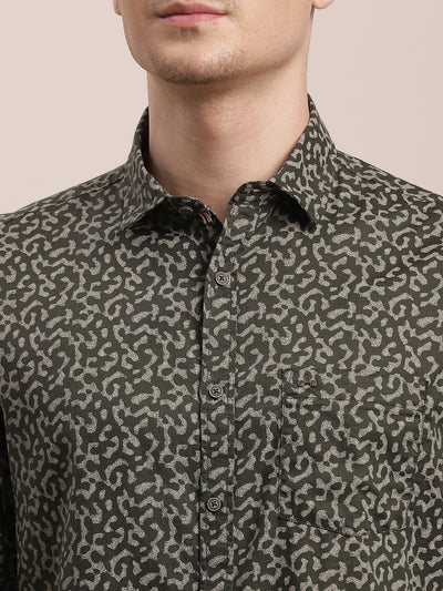 100% Cotton Dark Green Printed Slim Fit Full Sleeve Casual Shirt