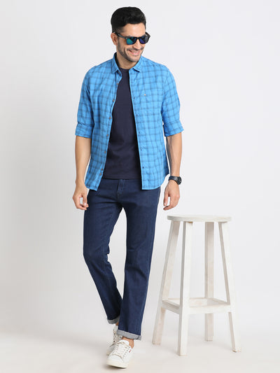 100% Cotton Sky Blue Checkered Slim Fit Full Sleeve Casual Shirt